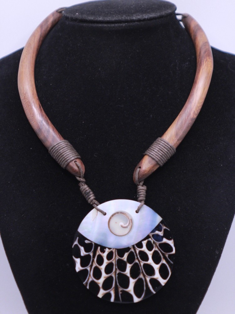 Vintage 1980’s UNIQUE handmade wood, leather, shell MOP length necklace