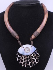 Vintage 1980’s UNIQUE handmade wood, leather, shell MOP length necklace