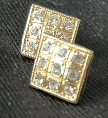 Classic TRIFARI Gold Plated Pierced Earrings Square With Rhinestones .5 Inches