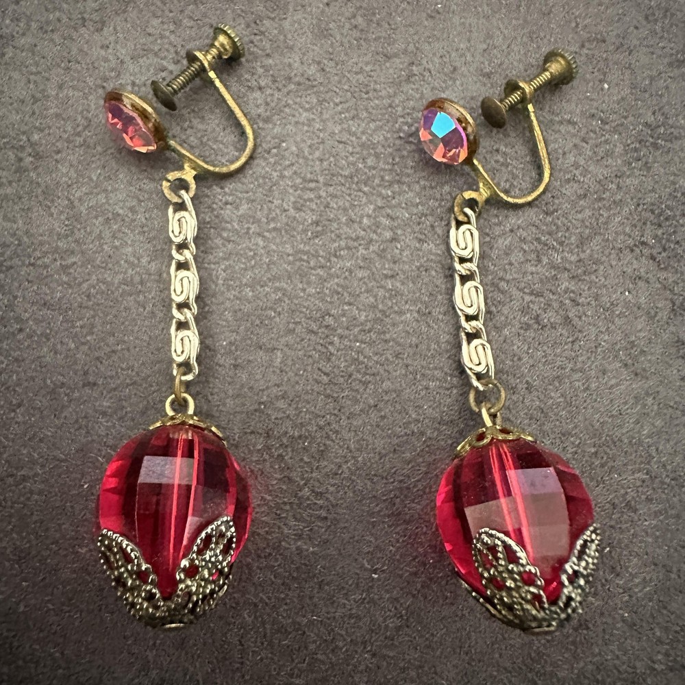 Vintage Ruby Red Pink Crystal Dangle Earrings AB Rhinestone Screw Back Gold Tone