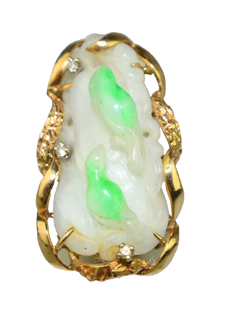 VINTAGE 14K YELLOW GOLD LARGE CARVED JADE & DIAMOND RING GREEN BIRDS SIZE 7.25