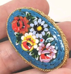 Italian Mosiac Flower Brooch Aqua Background Multicolor Flowers Italy 1.75″