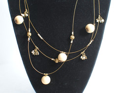 Vintage Floating Necklace 3 Strand Gold Tone Beaded Small Pearls Stones Charms