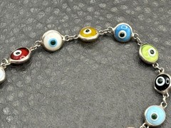 Vintage Sterling Silver 925 Multicolor Glass Evil Eye Link Bracelet 7.5″