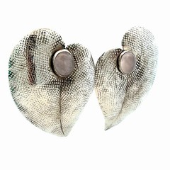 Vintage Modernist 925 Sterling Silver Moonstone Textured Mesh Ivy Leaf Earrings