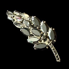 Jet Rhinestone Silver-Tone Leaf Pin Brooch Navette Mid-Century Juliana Vintage