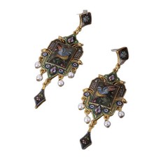 Vintage European Painted Bird Floral Enamel Drop Earrings Pearl Gold Victorian