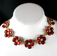 ETC! Red Enamel Flower Necklace Floral Links Crystal Center Gold Tone Fashion