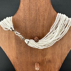 Vintage Seed Bead Opalite Necklace Multi Strand Large Oval Station Pendant 17″