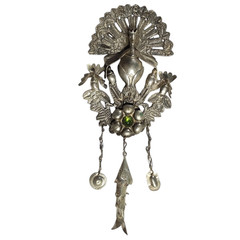 Vintage Peruvian Pendant Silver Tone Figural Peacock Bird READ
