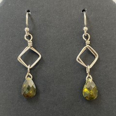 Sterling Silver Drop Dangle Earrings Vintage Green Cut Gem Marked 925