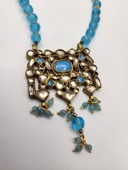 Vintage Style Jadau Kundan Pendant Sky Blue Beaded Festival Choker Necklace