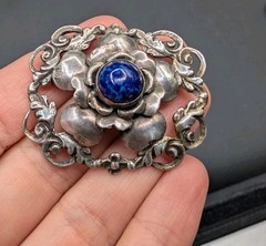 Vtg 800 Silver Made in Israel Blue Art Glass Flower Brooch Pin Trombone Clasp