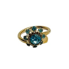 Vintage Cocktail Ring Blue & Clear Rhinestone Gems Gold Tone Bypass Band sz 5.5