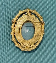 HATTIE CARNEGIE Foil Art Glass Green Blue Cabochons, Rhinestone Pendant Brooch