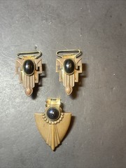 Vintage Art Deco Brass Toned & Black Pendant Statement Jewelry