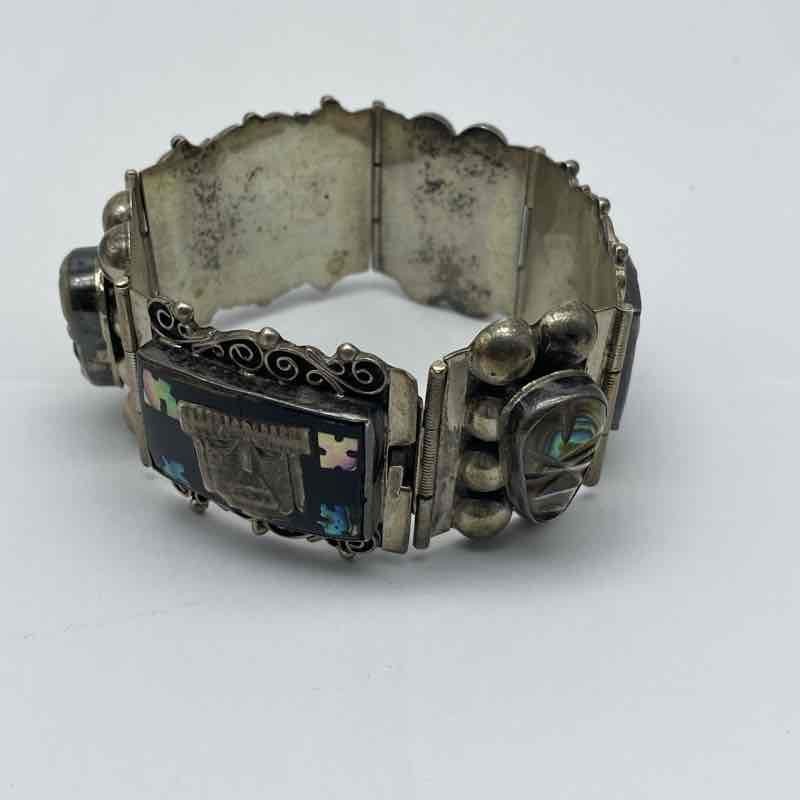Vintage Mexican 925 Sterling Silver Abalone Aztec Mask Panel Bracelet 7.25″