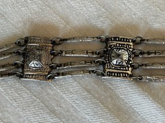 Vintage Silver Plate Mexico pyramid bracelet Aztec Panel 7.25″ nice