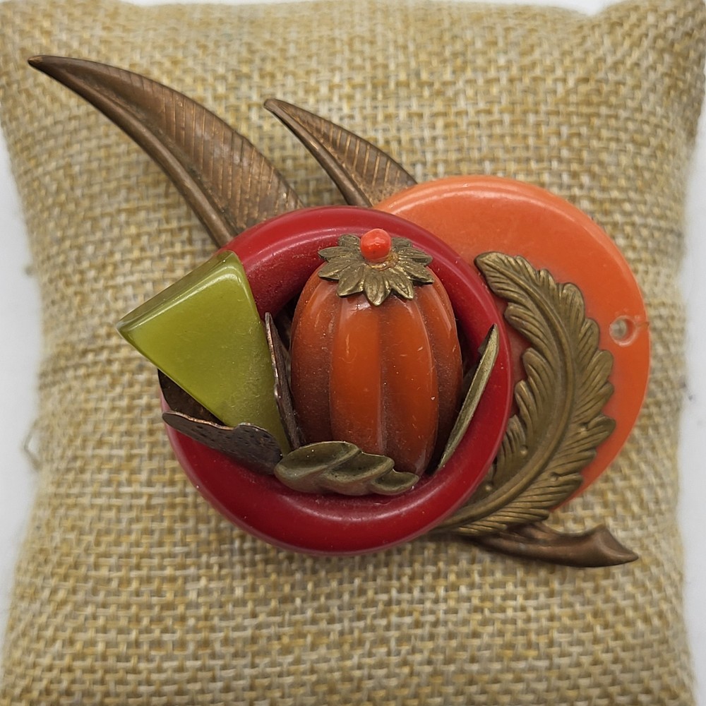 Beautiful Mixed Media Found Art Brooch pin Artisan Halloween Pumpkin Fall OOAK