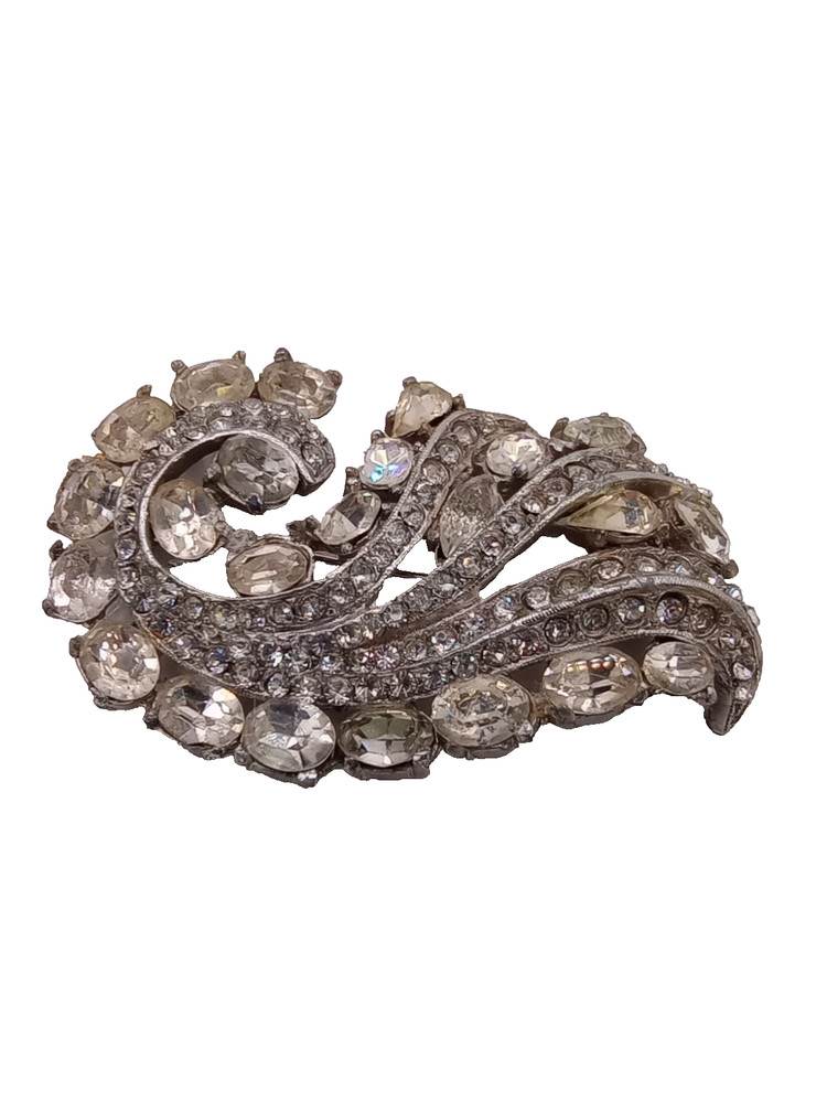 Vintage Clear Rhinestone Floral Brooch Silver Tone Pin 2 1/4 by 1 1/4