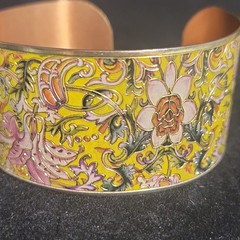 Vintage Wide Solid Copper Yellow Champleve Enamel Floral Cuff Bracelet