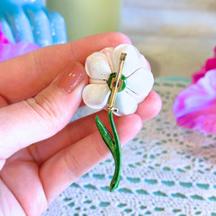 Vintage Pink Enamel Rose Brooch Faux Pearl Floral Pin Mid Century Cottagecore