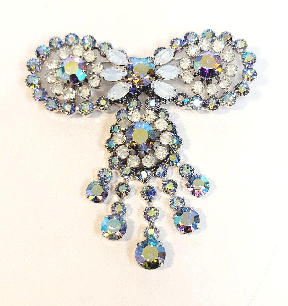 Vintage Givre Blue AB Rhinestone Large Bow Brooch Dangles Large