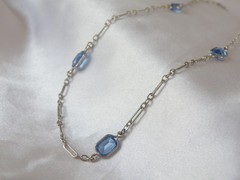 Antique Sterling Silver 925 Blue Gemstone Station Vintage Paperclip Necklace 25″