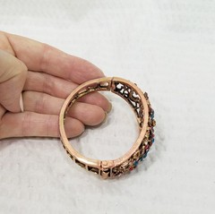 Vtg Multicolor Red Blue Pink Olive Crystal & Openwork Copper Clamper Bracelet