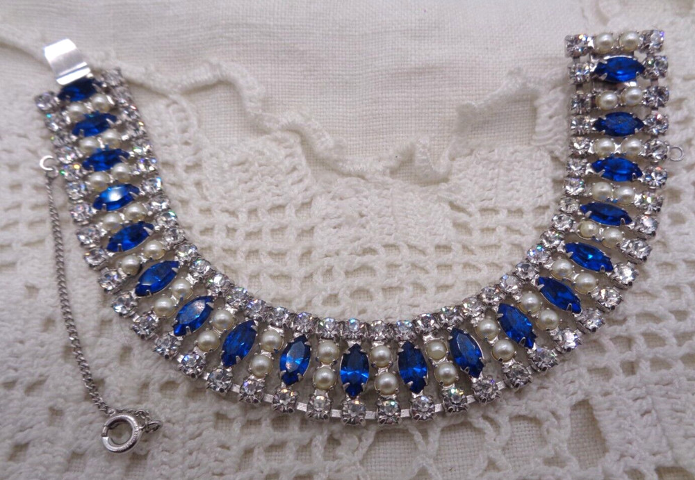 Vintage B. David Blue Marquise Rhinestone & Faux Pearl Bracelet