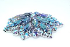 50s Vtg Blue AB Aurora Borealis Rhinestone 2.5″ Snowflake Layered Brooch Pin