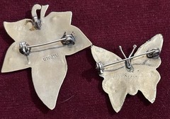 Vintage Alpaca MEXICO Abalone Shell Inlay BUTTERFLY & LEAF Brooches /Pins VGC
