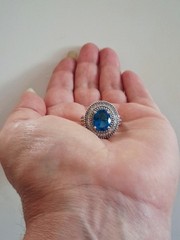 Vintage Art Deco London Blue Topaz CZ Halo Cocktail Ring Size 7 Sterling Silver