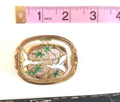 Art Nouveau Unique Brooch Enamel 1940s, Cut out Gold Tone Cranes Asian Export