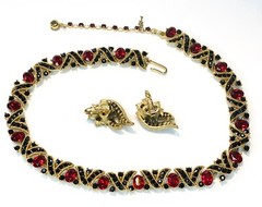 VTG Trifari Red Faceted Crystal & Jet Black Rhinestone Necklace & Earrings