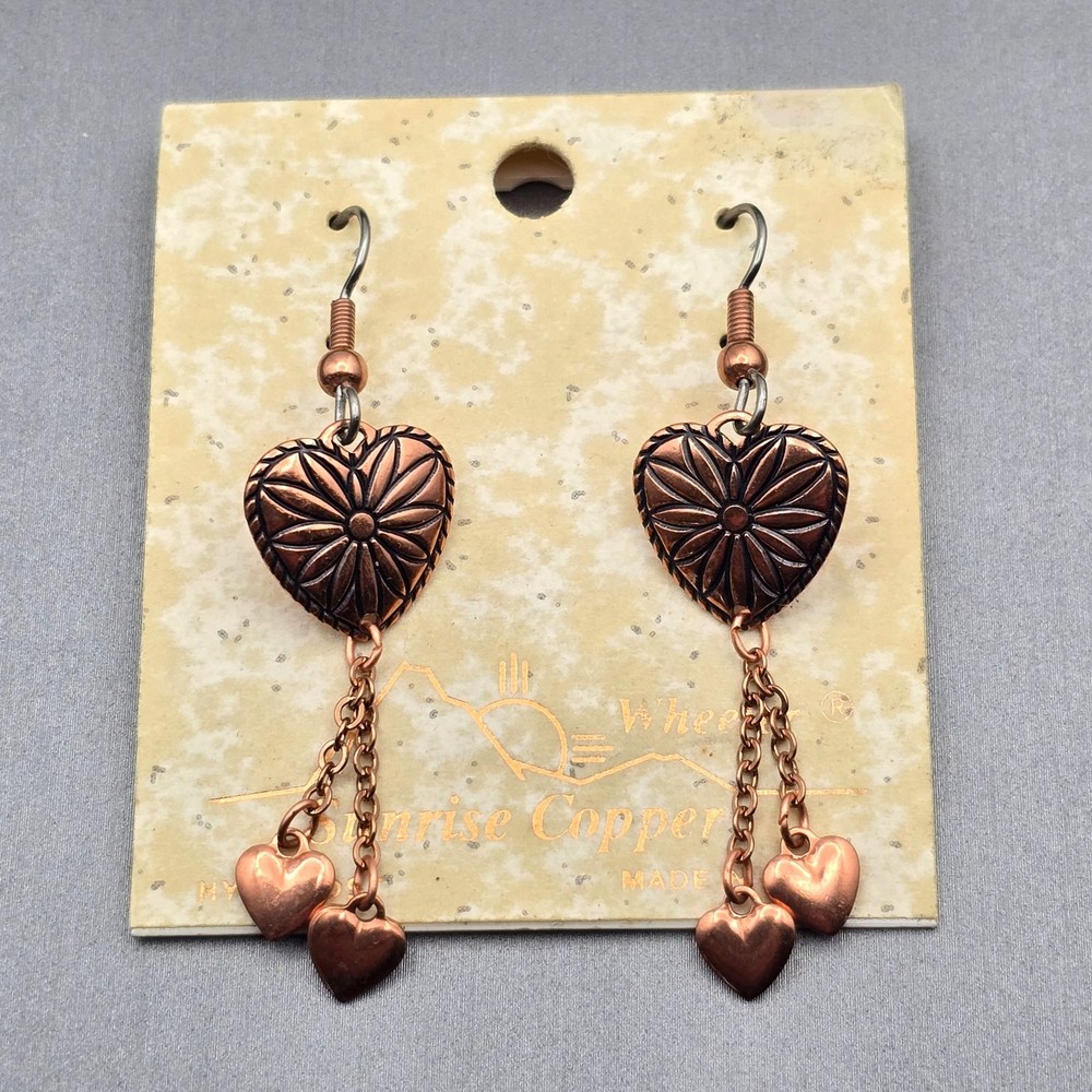 Vintage Wheeler Heart-Shaped Copper Dangle Earrings 2″ Chain Fringe w/ Hearts So