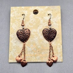 Vintage Wheeler Heart-Shaped Copper Dangle Earrings 2″ Chain Fringe w/ Hearts So