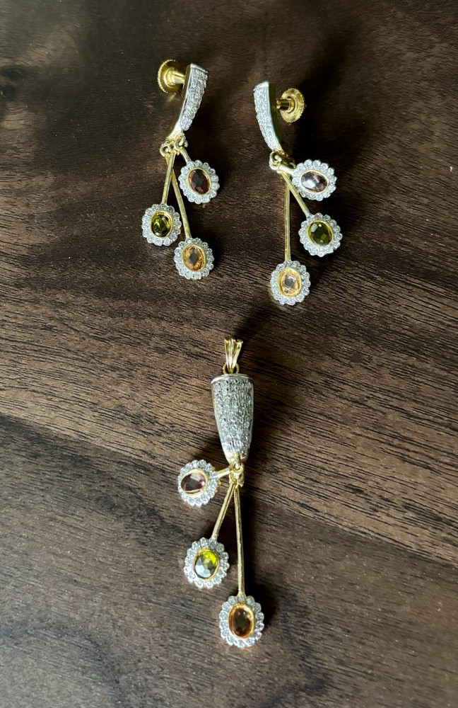 Gold Tone Multicolor Rhinestone Pendant & Screw Back Earrings Jewelry Set