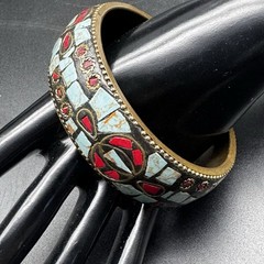 Nepalese Brass Bangle Bracelet Mosaic Turquoise Coral Inlay Boho Ethnic Jewelry