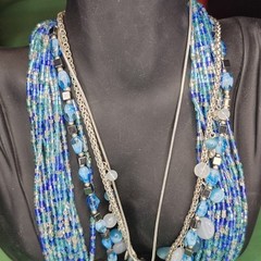Lot 4 Necklaces Silver Tone Blues Beachy Glass Shells Beautiful Stackable 17-21″