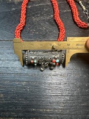 Vintage Nepal Prayer Box Necklace, Himalayan Ghau Amulet Pendant with Red Glass