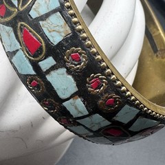 Nepalese Brass Bangle Bracelet Mosaic Turquoise Coral Inlay Boho Ethnic Jewelry