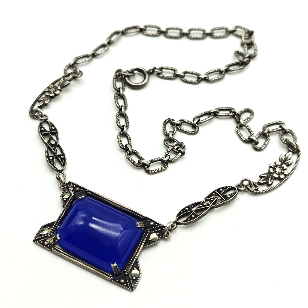 Vintage Sterling Silver 925 Blue Chalcedony Marcasite Necklaces 15.5″