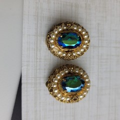 West German Filigree Blue AB Rhinestone Faux Pearl Clip On Earrings READ