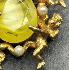 Vintage Jeanne Brooch Cherub Angel Marbled Swirl Yellow Rhinestone Nouveau Style