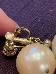 Vintage Napier Huge Pearl Cabochon Filigree Gold Dangle Drop Clip On Earrings