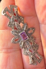 Vintage FAS Sterling Silver Marcasite Square Cut Amethyst Bar Brooch Vintage 8G