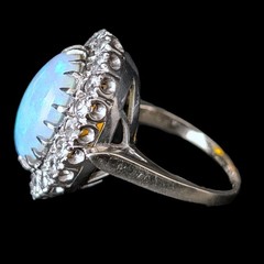 Vintage Opal Diamonds 14k White Gold Large Cocktail Ring Halo Estate Gift