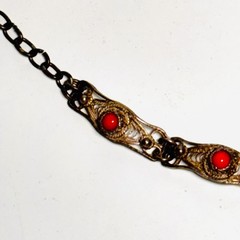 STERLING SILVER bracelet filigree scrolled panel links tiny coral glass cabs 10g