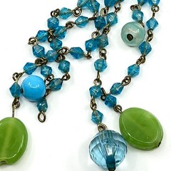 Vintage Y2K Blue & Green Beaded Tassel Necklace Boho Chic Long Lariat Style